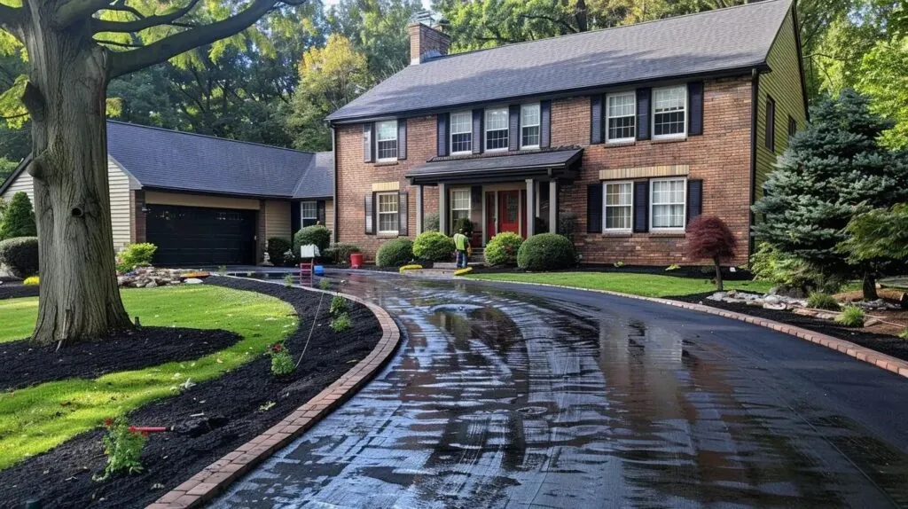 sealcoating contractor standing in front of the house working on the driveway