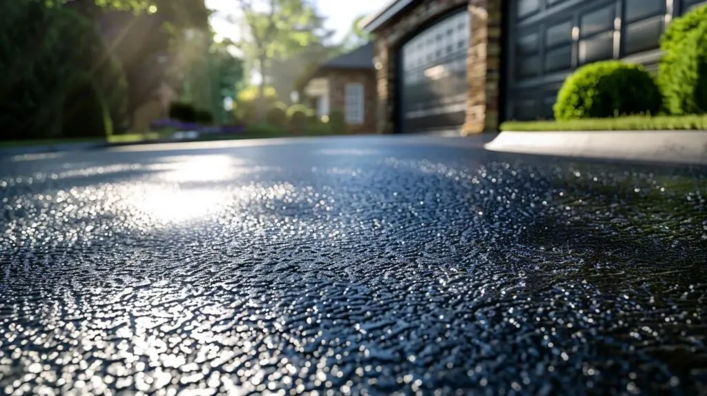 house with a freshly sealed driveway glistening in the sunlight, showcasing its smooth, jet-black surface.