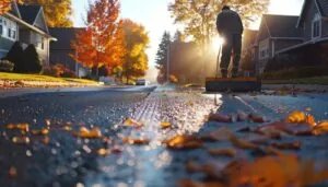 a worker sealing an asphalt driveway in the fall season