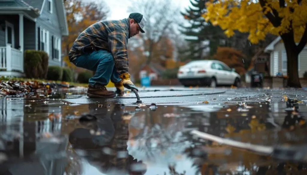 contractor working on the driveway after the rain