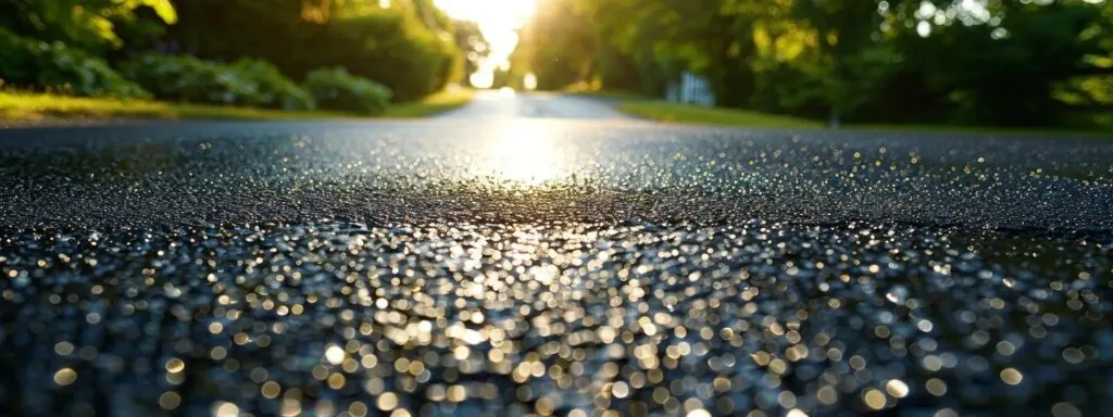 a freshly sealcoated blacktop asphalt driveway glistening in the sunlight, preventing cracks and saving money on repairs.