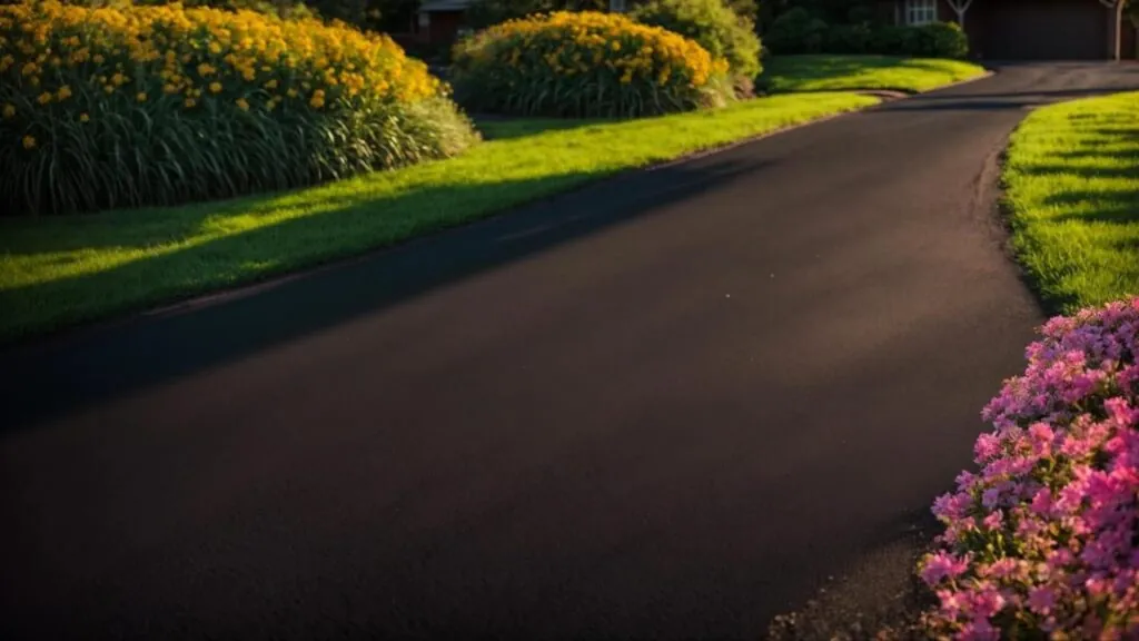 a freshly sealcoated asphalt driveway glistens under the warm golden sunlight, showcasing its deep black sheen and smooth surface against a backdrop of vibrant green grass and blooming flowers