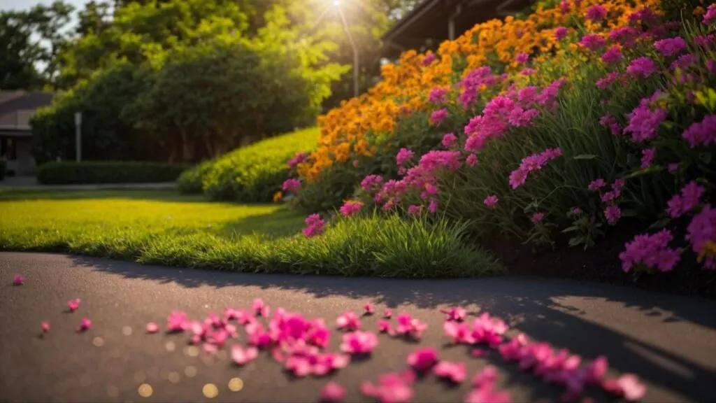 a pristine, freshly sealcoated asphalt driveway glistens under the morning sun, showcasing a deep black sheen that highlights its smooth texture and durability