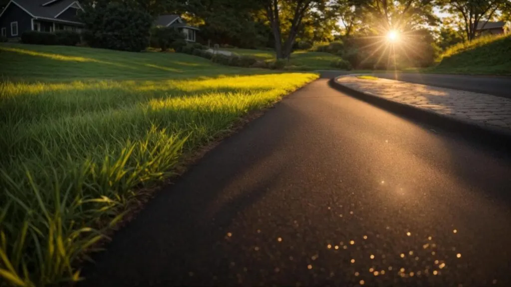 asphalt driveway glistens under the golden afternoon sun, showcasing its smooth, rich black surface that contrasts vividly with the surrounding lush green grass