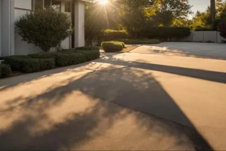 freshly sealed driveway glistens under the warm afternoon sun, showcasing a smooth, flawless finish that highlights expert patchwork and seal techniques.