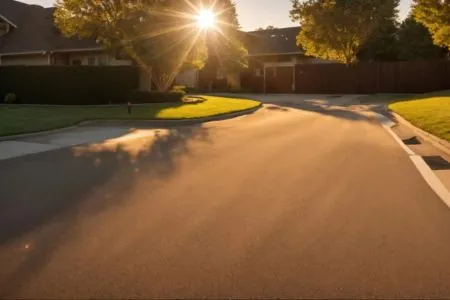 a pristine, smoothly finished driveway glistens under the warm glow of the golden hour sun, showcasing the impressive results of a flawless patch and seal treatment.